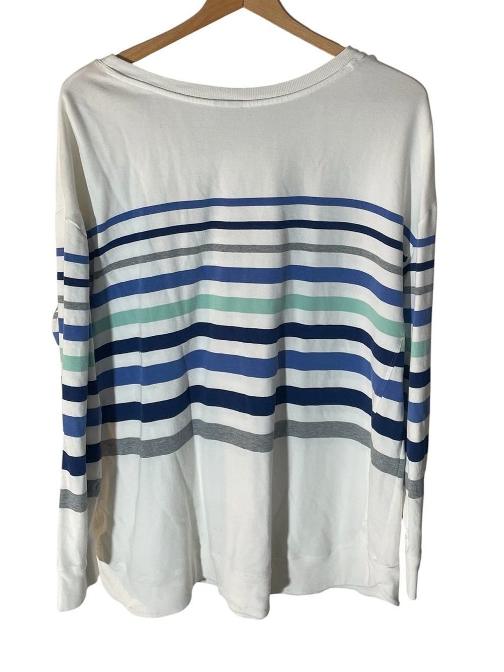 A8- Chico's White Long Sleeve Stripe Tee with Blue, Navy & Mint - Picture 2 of 5